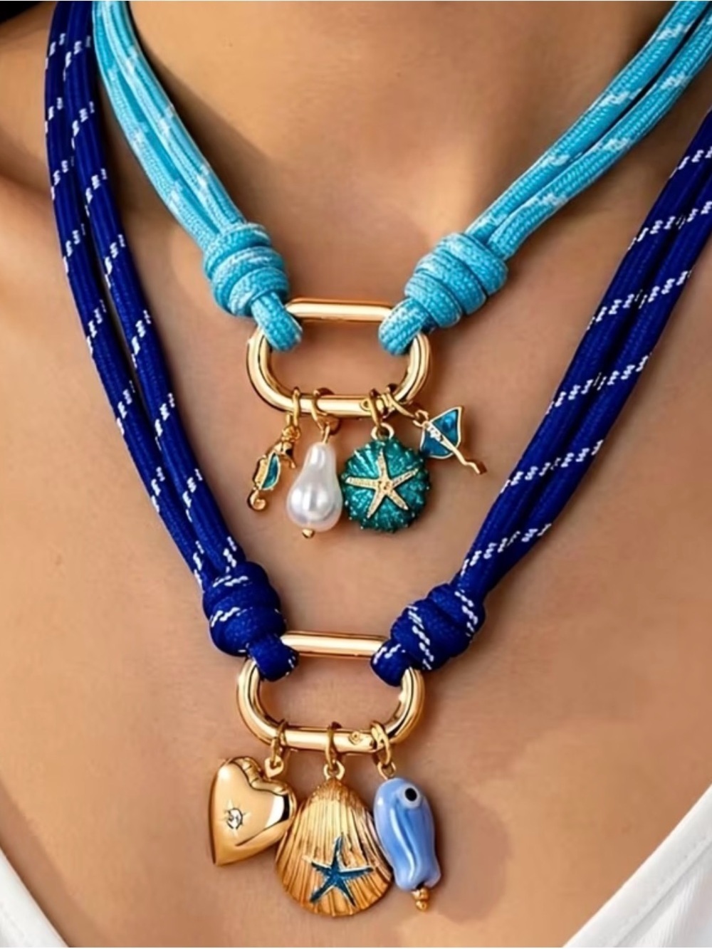 Blue Rope Necklace with Gold Sea Charms